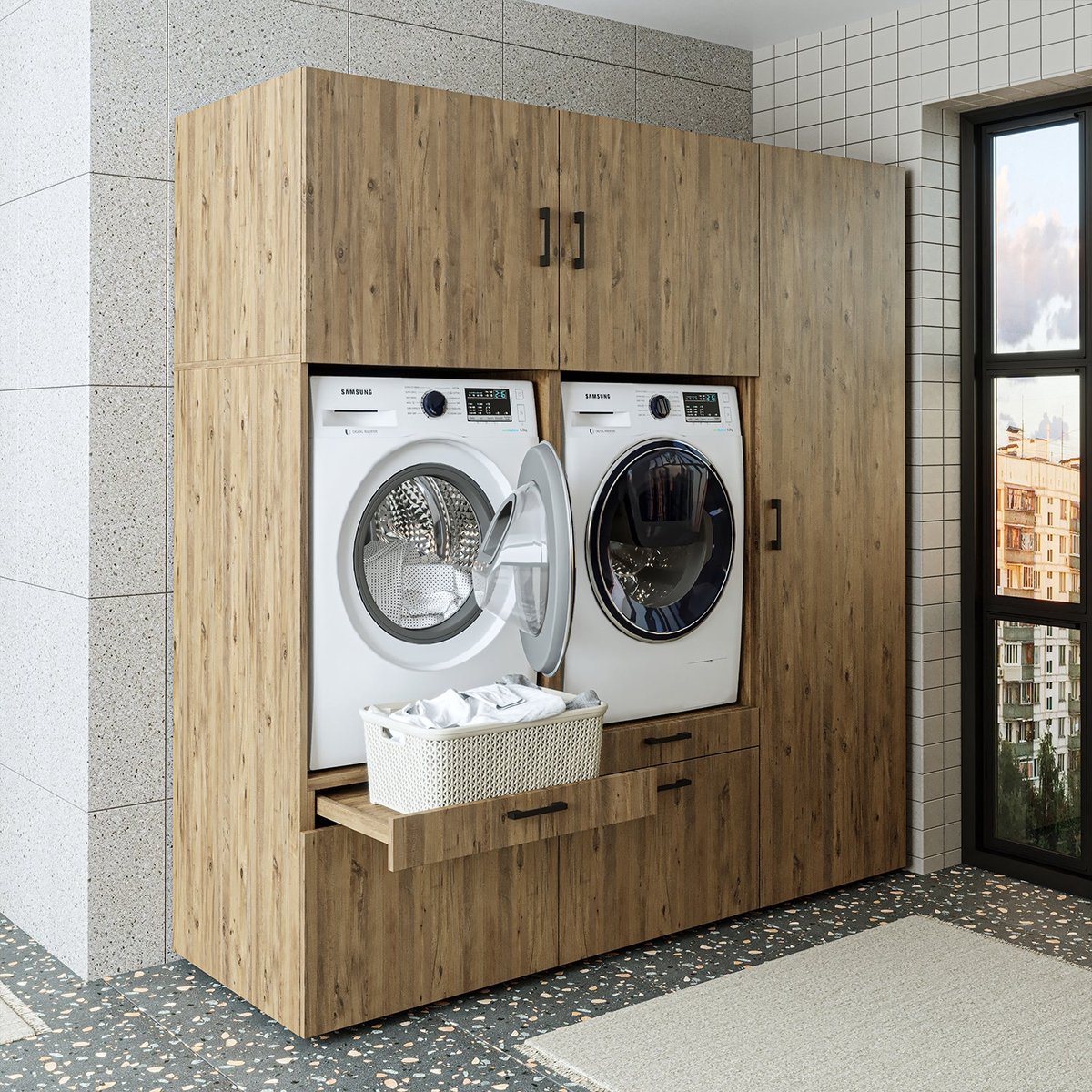 Roomart SERIE 2 Wasmachine Ombouwkast 194x205 cm - Dubbele Kast met Hoge Kast 60 - Eiken