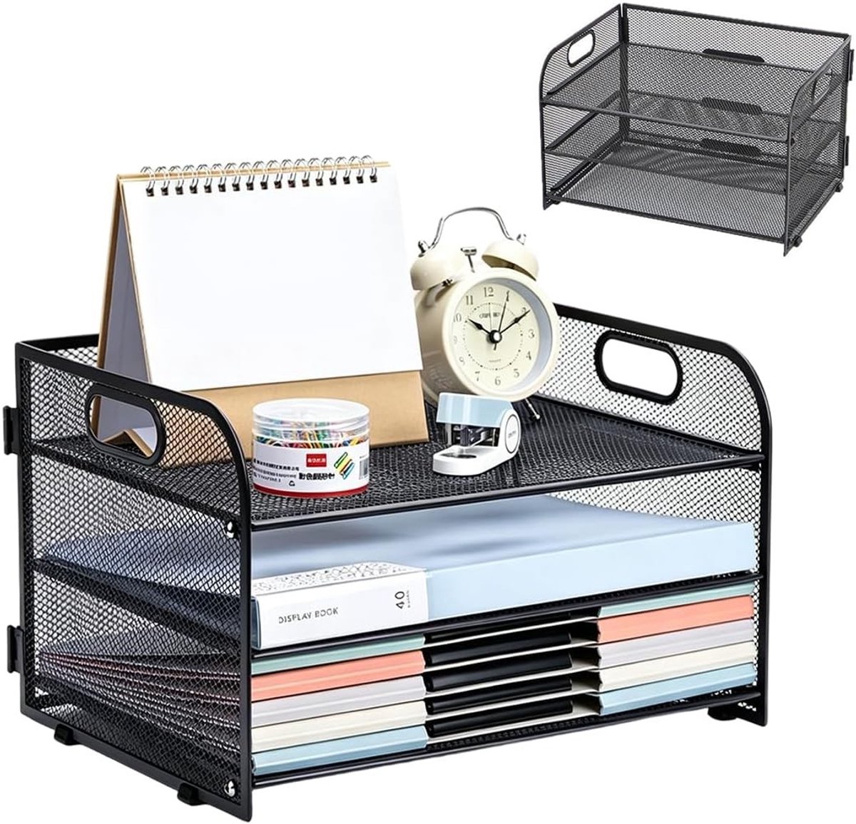 A4 Document Tray voor Kantoor, Stapelbare Papier Organizer met 3 Compartimenten en Handvat, Mesh Design voor Efficiënte Opslag en Organisatie