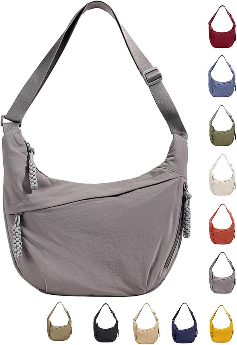 Schoudertas dames M - nylon - grijs - verstelbare schouderriem - praktisch voor dagelijks gebruik - ShopVlot