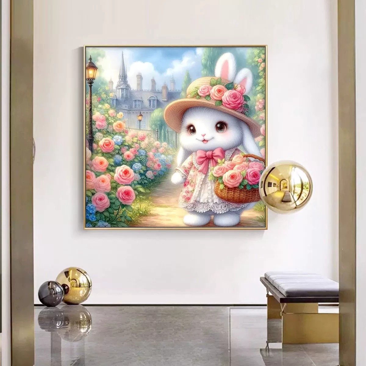 DIY kruissteekborduurpakket/Rozen en Konijnen/gedrukt kruissteekpatroon borduurpakket (frame niet inbegrepen) 75*75CM