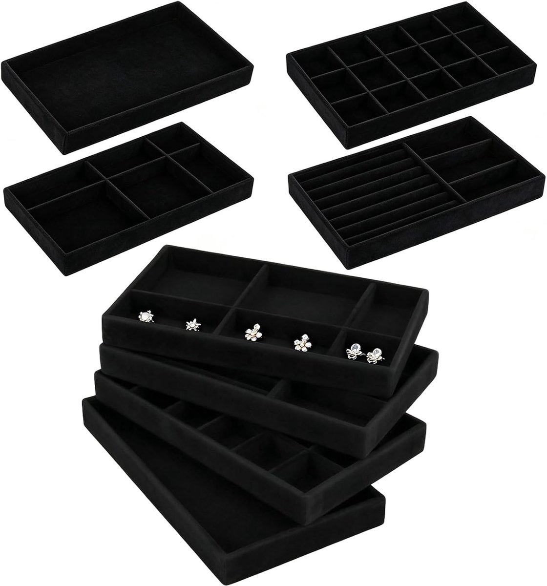 8 stuks zwarte sieradenopberglade, stapelbaar sieradendienblad, fluweel, sieradenorganizer, lade, sieradenhouder - ShopVlot