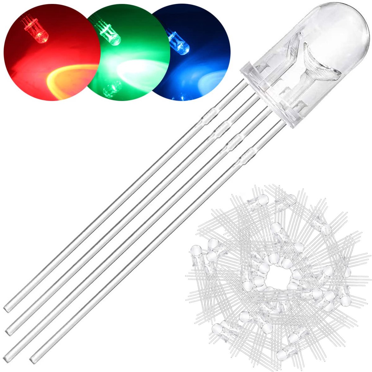100Pack 5mm LED Light Emitting Diode Common Cathode DC 3V 20mA RGB Tri-Color(Red/Green/Blue) 4Pin Clear Transparent - ShopVlot