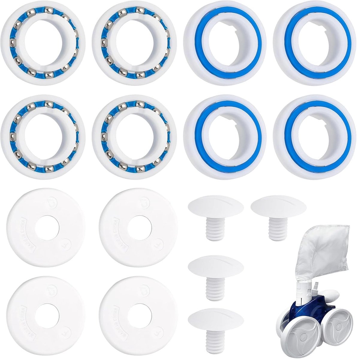 Complete Rebuild Kit met 16 Onderdelen voor Polaris 280 en 180 Pool Cleaner - Inclusief C60 Lagers, C55 Schroeven, C64 Ringen en Compatibele Wielen en Rollen Assemblage