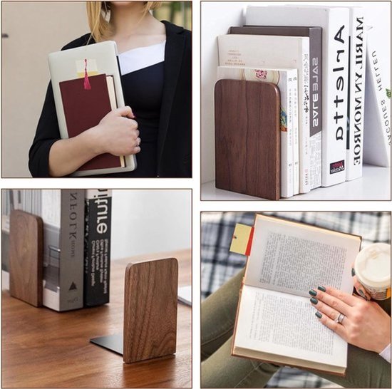 Set van 2 houten boekensteunen met metalen basis - Decoratief, stevig en antislip voor boeken, cd's en planken - Inclusief 10 boekenleggers — afbeelding 3
