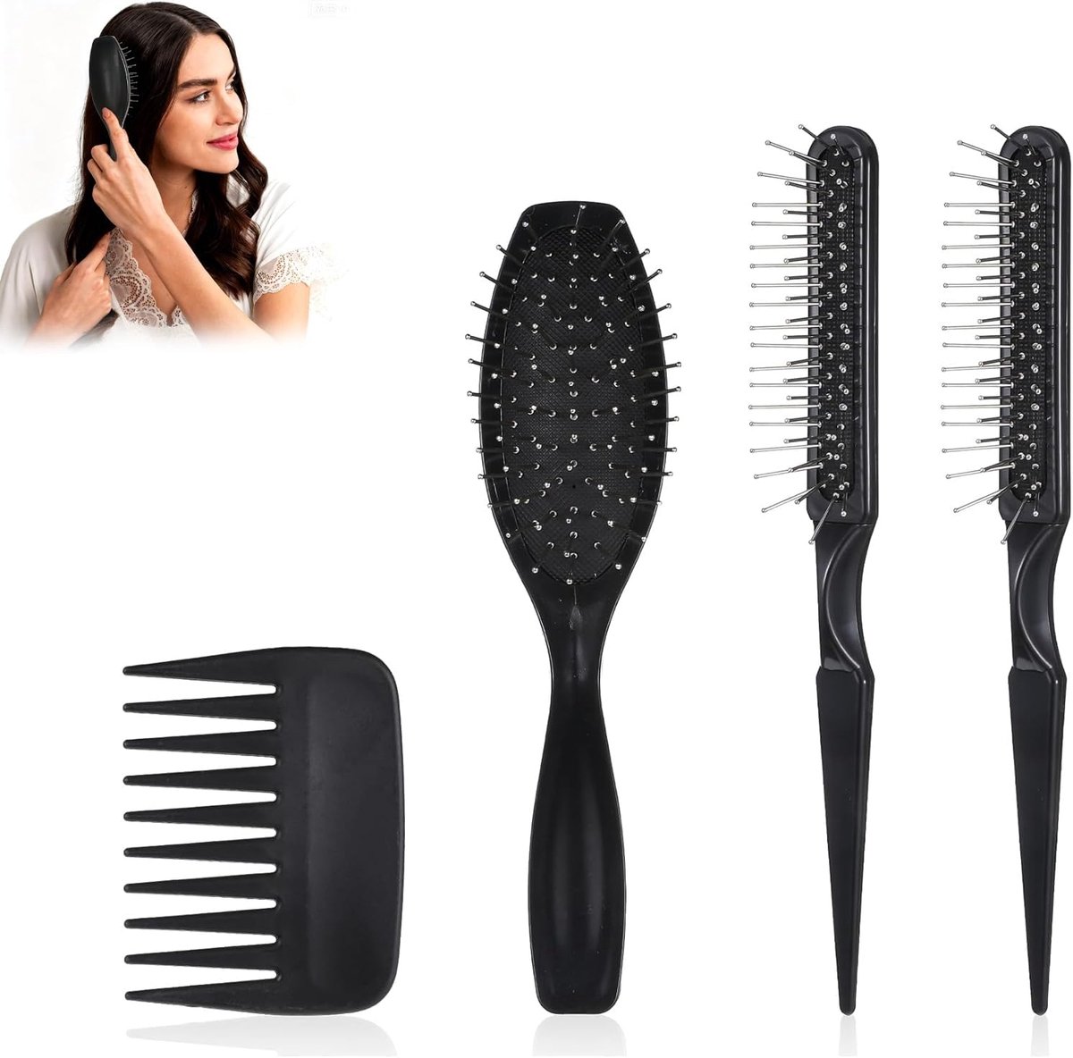 4 stuks pruikhaarborstels, extensions borstel, haarborstel voor extensions, roestvrij staal brede tanden kam massage - ShopVlot