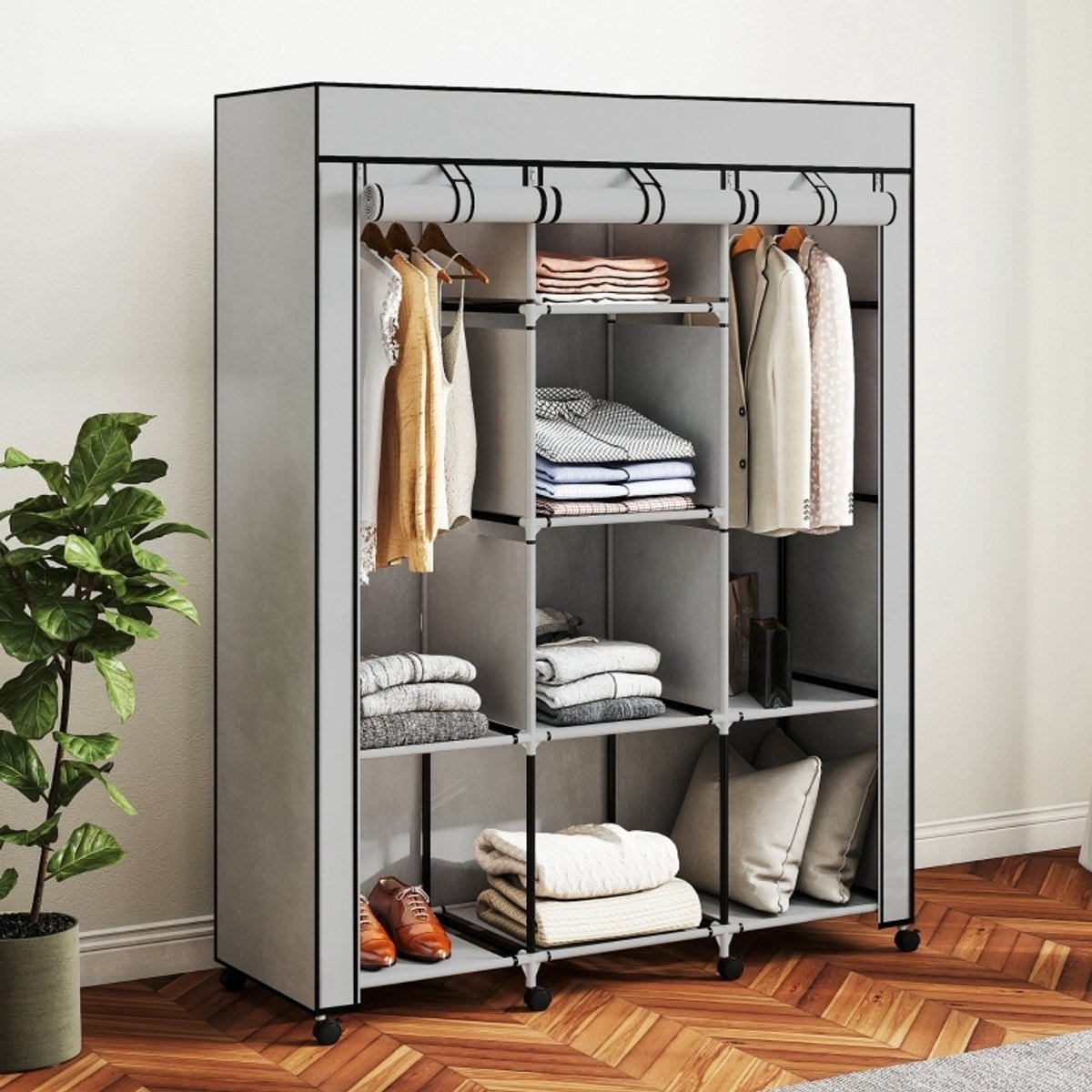 WUVRIE Stoffen kledingkast 125x43x162,5 cm - 8 vakken en 2 kledingstangen - Lichtgrijs