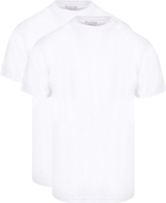 Twee effen witte Slater T-shirts van biologisch katoen met ronde hals en korte mouwen.