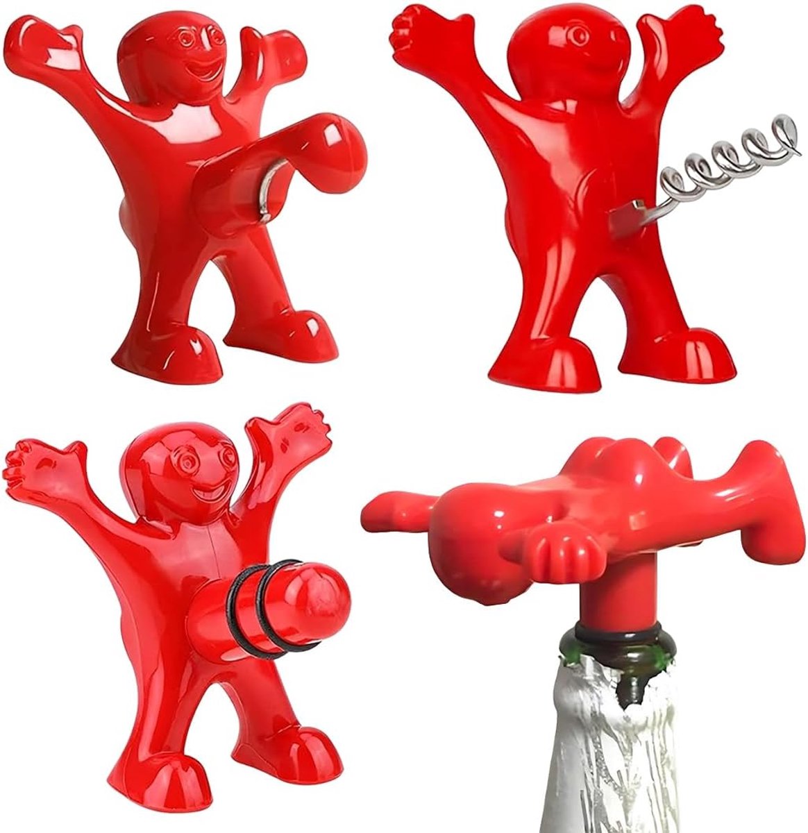 Grappige en grappige flesopener van kunststof, 3 stuks flesopeners met kurkentrekker, rode man, kurkset, grappig - ShopVlot