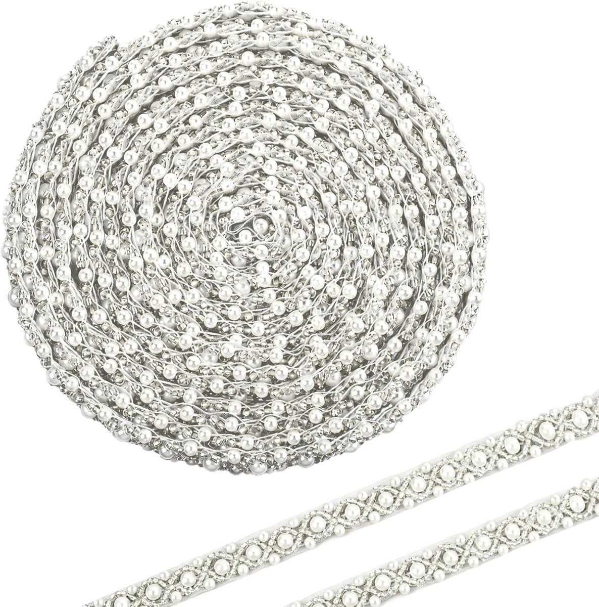Pearl Ribbon, 2 Metres, Lace Trim with Pearls for Sewing, Clothing, Collar, Dress, Wedding Dress, Decoration (White) - ShopVlot