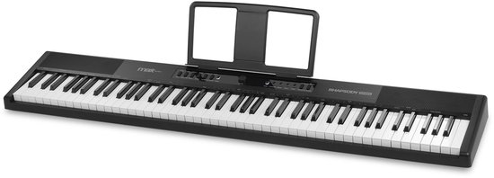 Zwart MAX Rhapsody DP88S keyboard met 88 toetsen en muziekstandaard, van schuin.