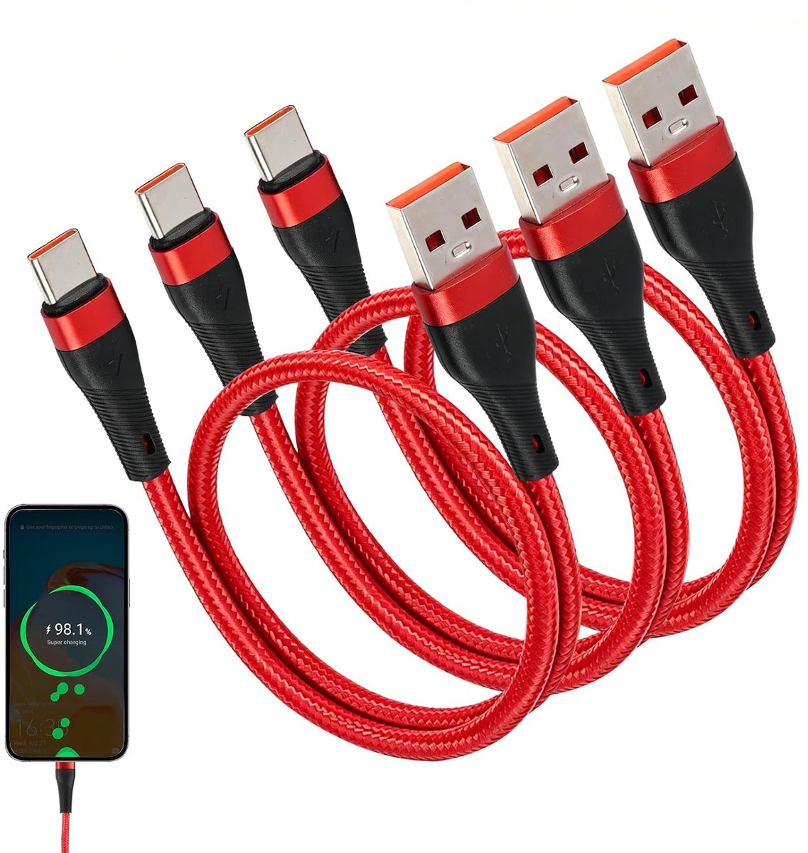 3 stuks USB C-kabel, 1 m, gevlochten USB A naar USB C-kabel met snel opladen, 3 A, datakabel type C voor smartphones - ShopVlot