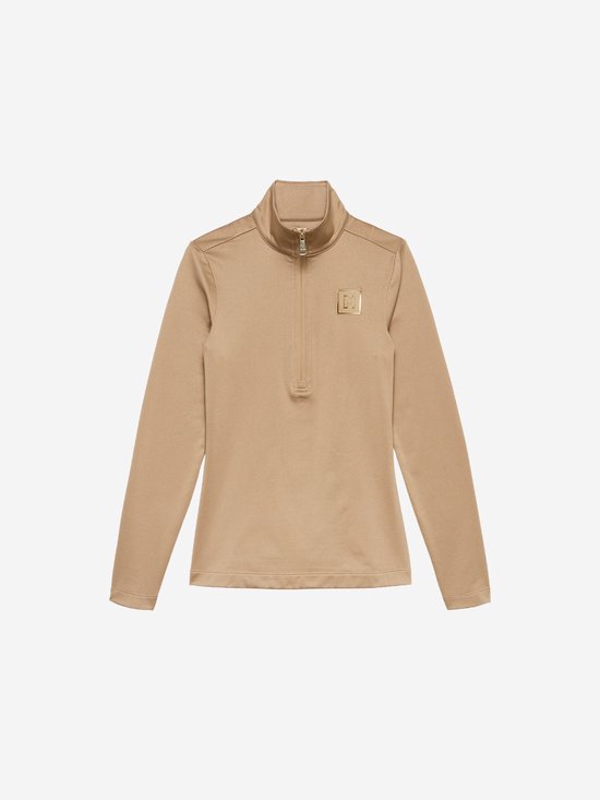 Beige Nikkie ski-pully met halve ritssluiting, opstaande kraag en een goudkleurig N-logo op de borst.