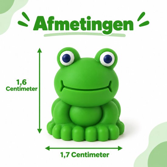 Groene kikker met blauwe ogen, 1.6 cm hoog en 1.7 cm breed.