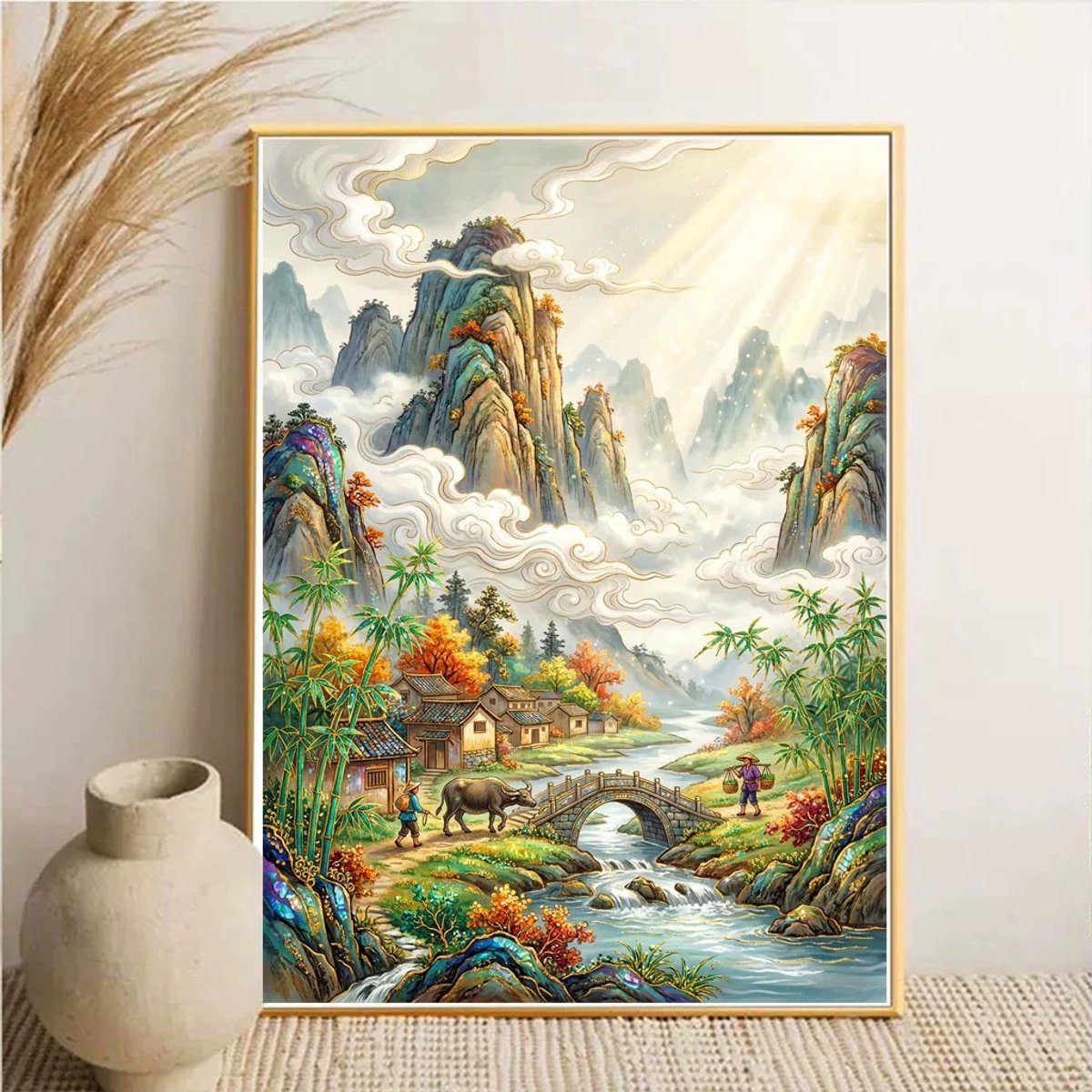 DIY kruissteekborduurpakket/Chinese stijl - Klein bergdorp/gedrukt kruissteekpatroon borduurpakket (frame niet inbegrepen) 50*67CM