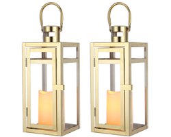 TRIROCKS Set van 2 roestvrijstalen decoratieve lantaarn 30 cm hoge metalen kandelaar buiten kaars lantaarn met gehard - ShopVlot
