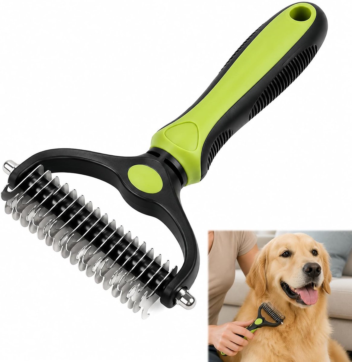 Verzorgingsborstel voor honden en katten, lang haar, dubbel lemmet van roestvrij staal voor ondervacht en knopen, professionele ergonomische accessoires voor harige dieren