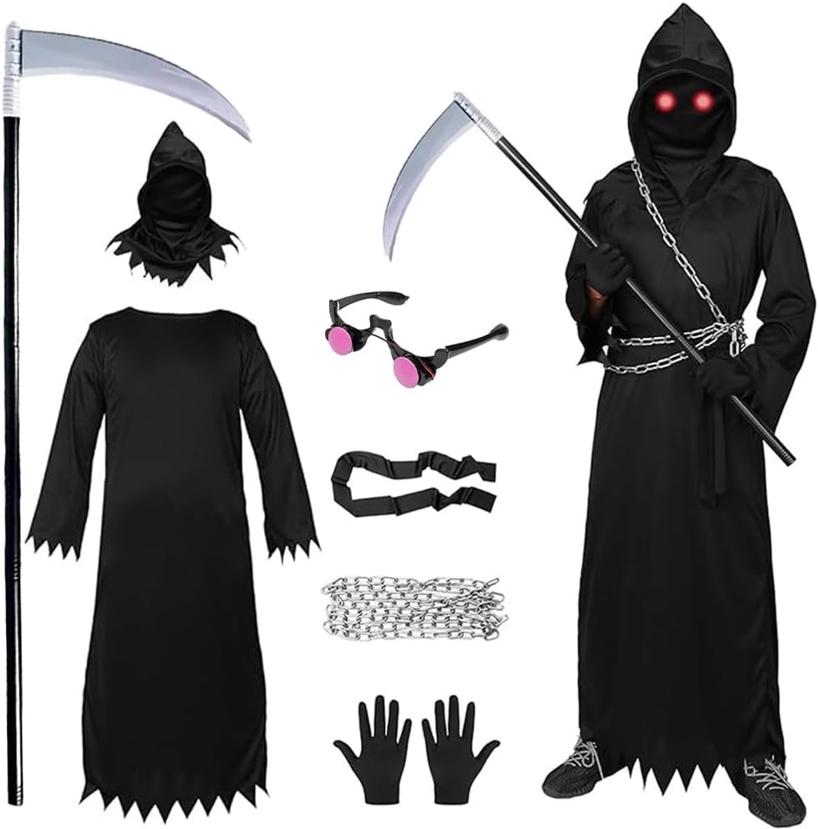 Halloweenkostuum voor kinderen, 8 stuks, mazenman-kostuum, Halloween, uniseks kostuum, versensenman-kostuumset, met oplichtende ogen, kraaienaccessoires, voor Halloween-decoratie (105 cm)