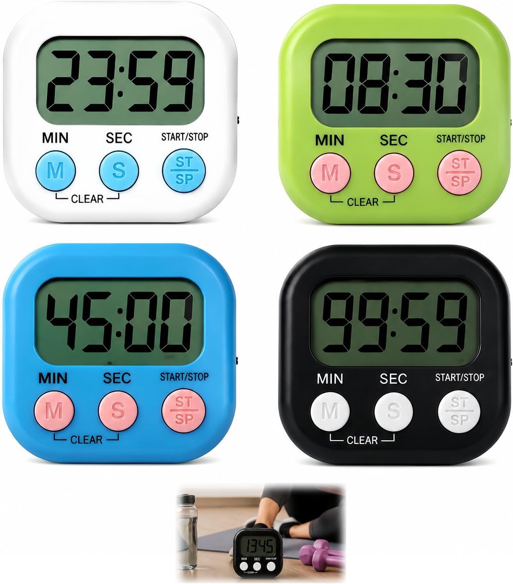 4 stuks digitale stopwatch voor kinderen, digitale keukentimer, magnetische timer, stopwatch, groot scherm, digitale keukentimer, eiertimer met luid alarm, lcd-display, geschikt voor sport, koken