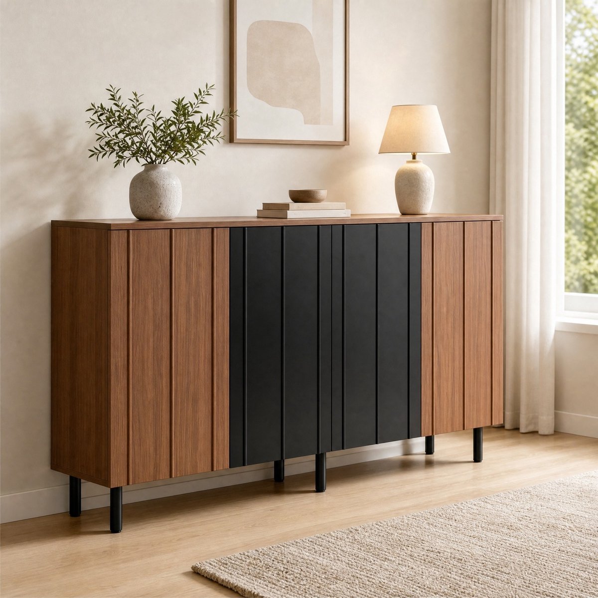 REDOM Buffetkast - Vier deuren - Verstelbare binnenplanken - Metalen poten - Moderne stijl - Keuken en eetkamer - Spaanplaat - Walnootkleur en Zwart - 160 x 35 x 80 cm
