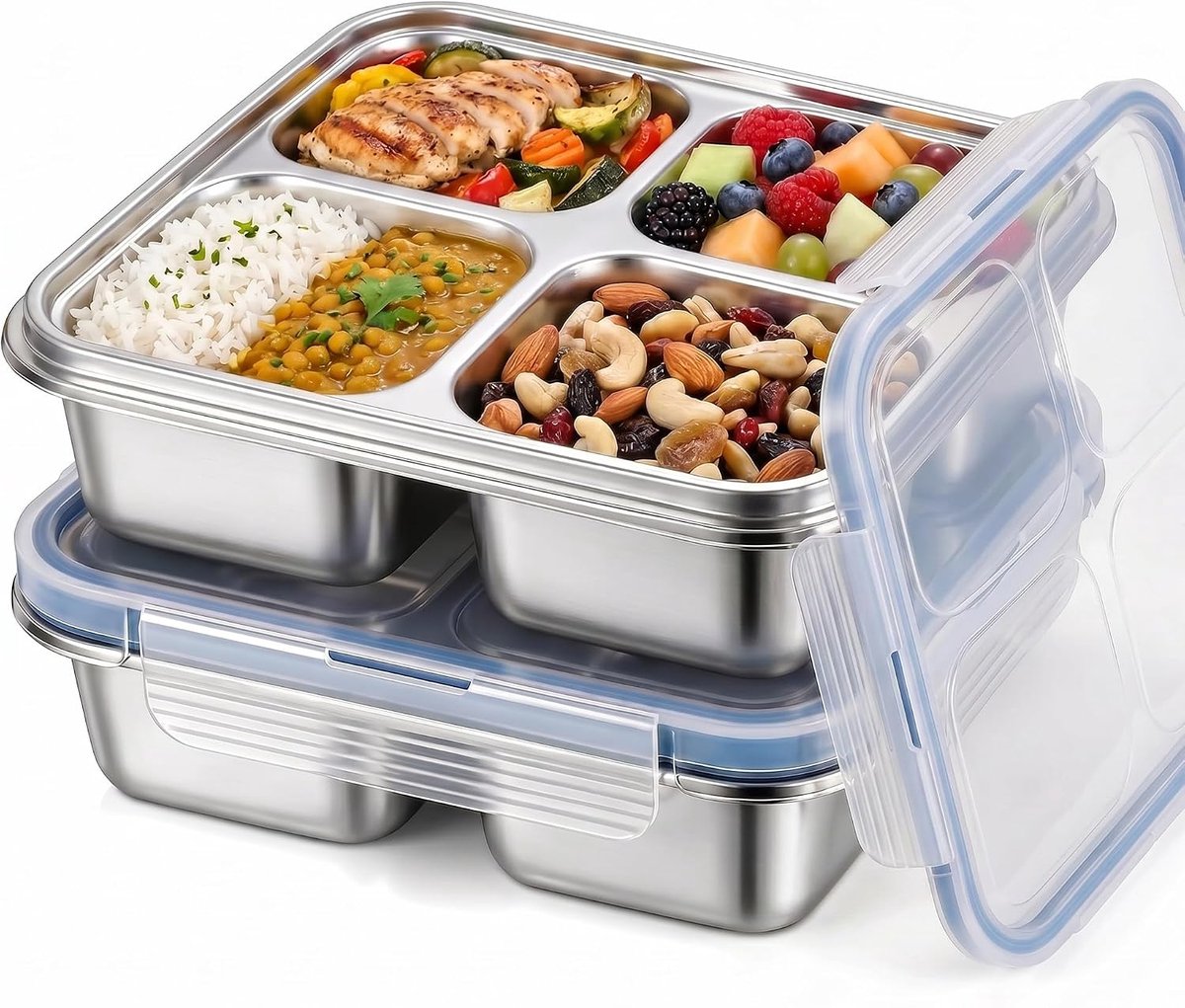 Snackbox met vakken, 2 stuks snackbox met vakken, roestvrij staal, 18 x 18 x 5 cm, herbruikbare lunchboxen voor voedselbereiding voor school, werk