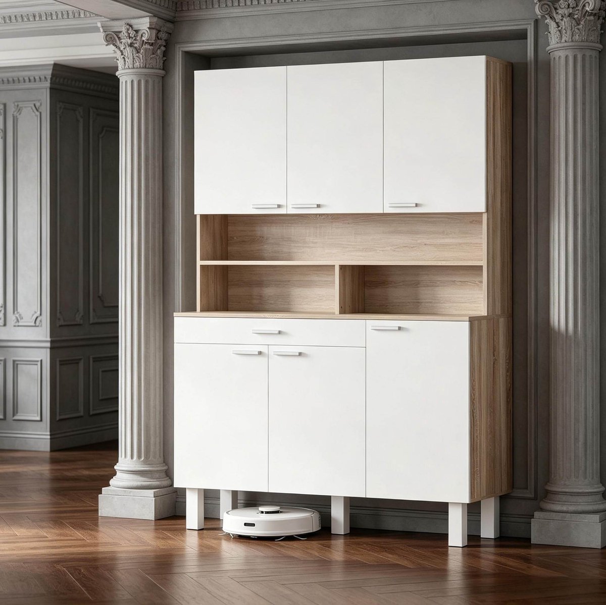 MODFU Keukenkast - 6 Deuren - Lade En Open Vakken - Wit - 120 X 40 X 175 Cm