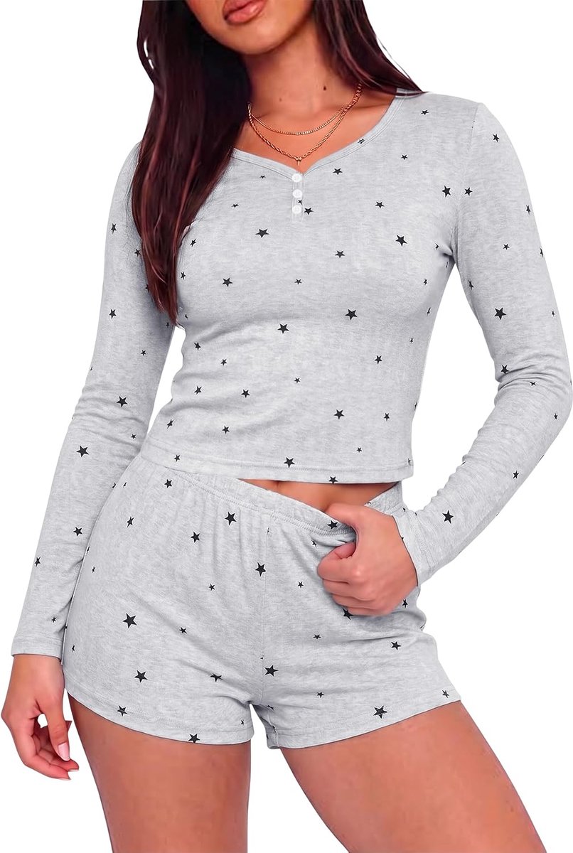 Pyjama voor dames, lange mouwen, shorty, tweedelig met knoopsluiting