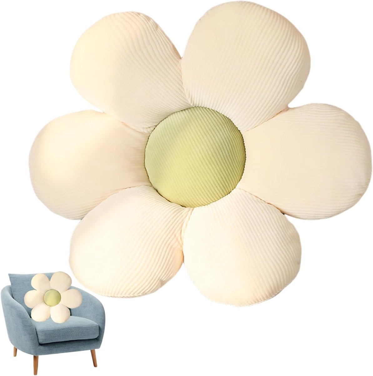 Wit met groene kern schattig bloemenvloerkussen, bloemvormig, madeliefje kussen, pluche decor, bloem vloerkussen, zitkussen, comfortabel zitkussen voor kamer woondecoratie, 40 cm
