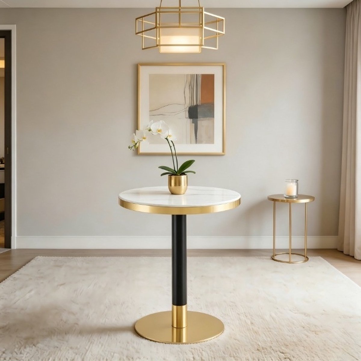 REDOM Ronde bijzettafel - Marmerlook tafelblad - Gouden rand - Metalen onderstel - Moderne stijl - Woonkamer slaapkamer en balkon - MDF metaal - Wit - 60 x 60 x 73,7 cm