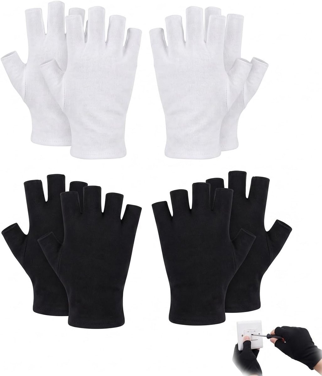 Handschoenen van katoen, zonder vingers, 4 paar (2 wit en 2 zwart), voor huidverzorging, dermatitis, handcrème en uv-lampen, ademend en wasbaar