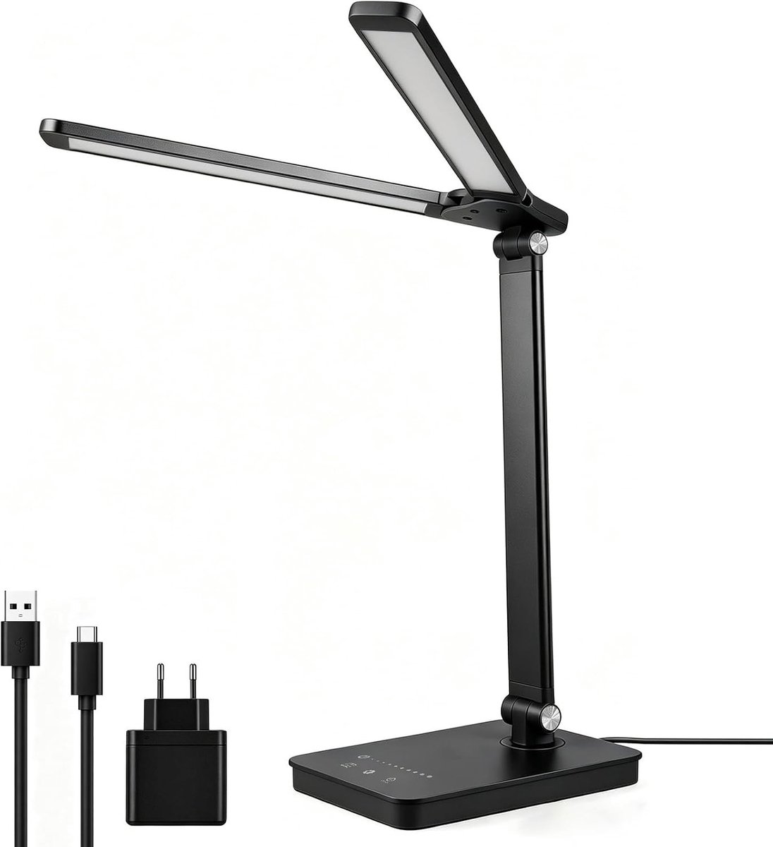 Verstelbare LED bureaulamp met dubbele kop, 5 kleurmodi, 10 helderheidsniveaus en USB oplaadpoort voor lezen, studeren en knutselen