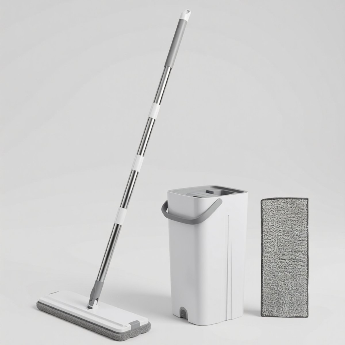 ZOQENX Platte Microvezel Mop met Uitwringemmer en Zelfwringend Systeem, Verstelbare Steel 125 cm, Inclusief 2 Microvezeldoeken