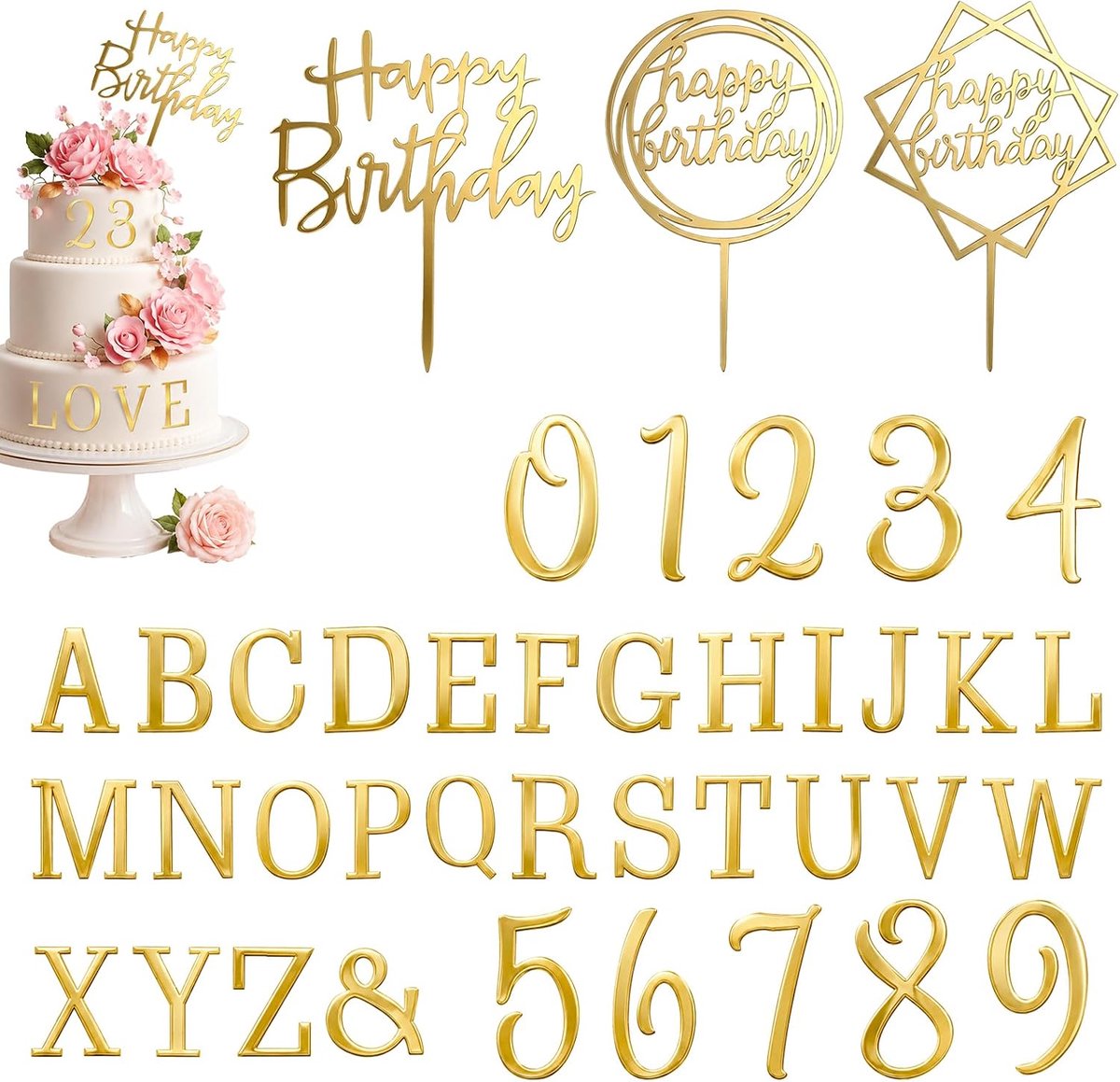 40 stuks letters voor taart, gouden Happy Birthday taarttopper