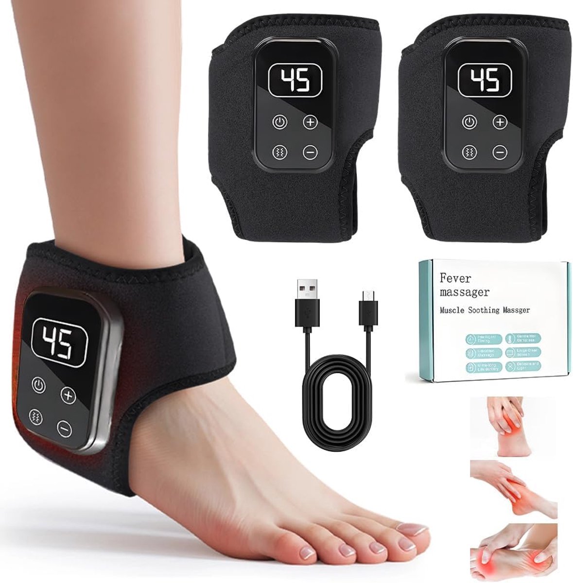 2 stuks 3-in-1 voetmassageapparaat, warmtevoetmassager, bloedcirculatie, draagbaar draadloos voetmassageapparaat, 5 modi en 5 warmtestanden voor enkels, hiel, zool, ideaal cadeau voor ouders