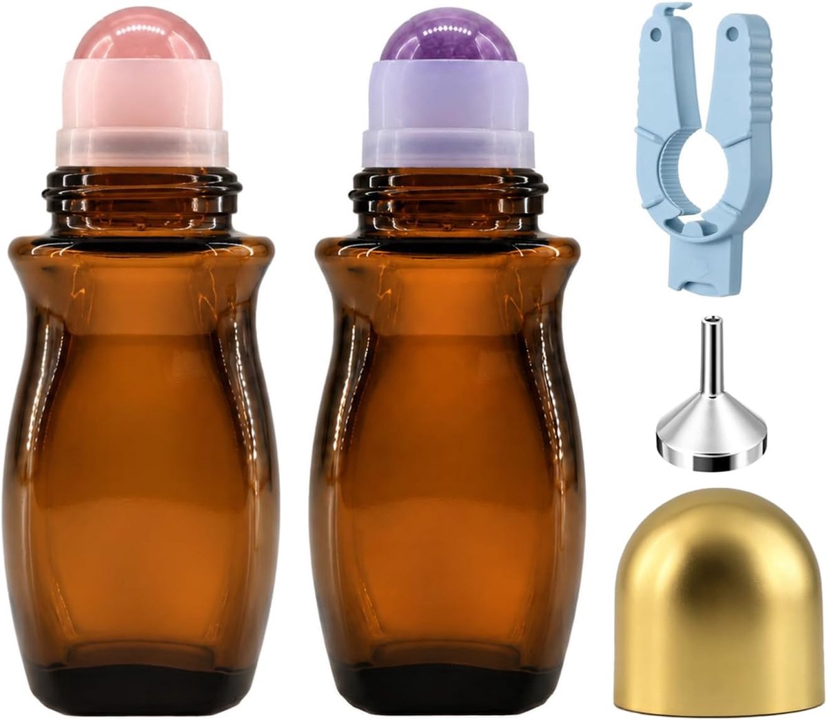 Roll-On Flesjes 50ml voor Etherische Oliën, Set van 2 Hervulbare Rollerflessen met Rozenkwarts en Amethist Rollerbal, Bruin Glas met UV-Bescherming voor Aromatherapie en Zelfzorg