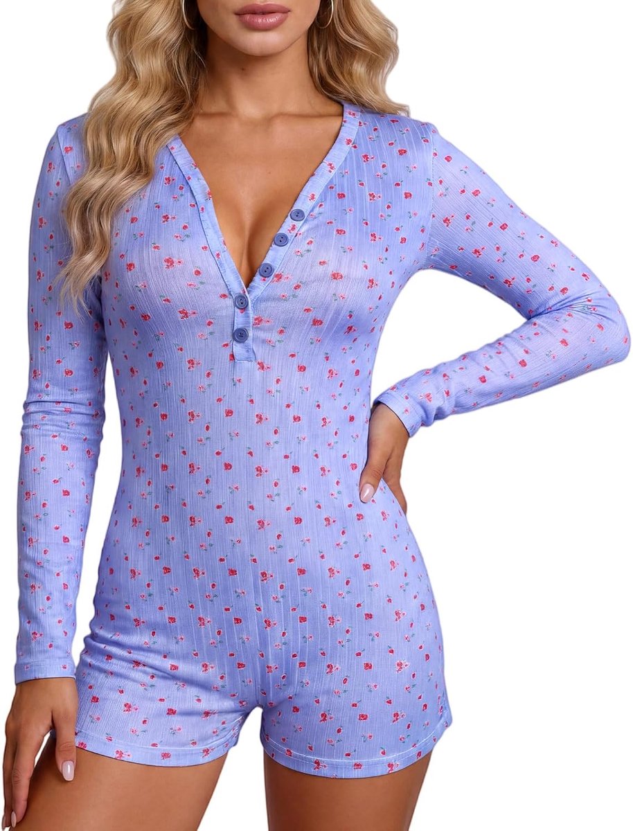 Pyjama jumpsuit shorts lange mouwen eendelig bodysuit S-XL