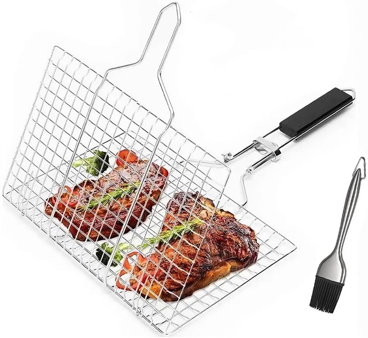 Grillmand, draagbare BBQ-grillmand met rijgborstel