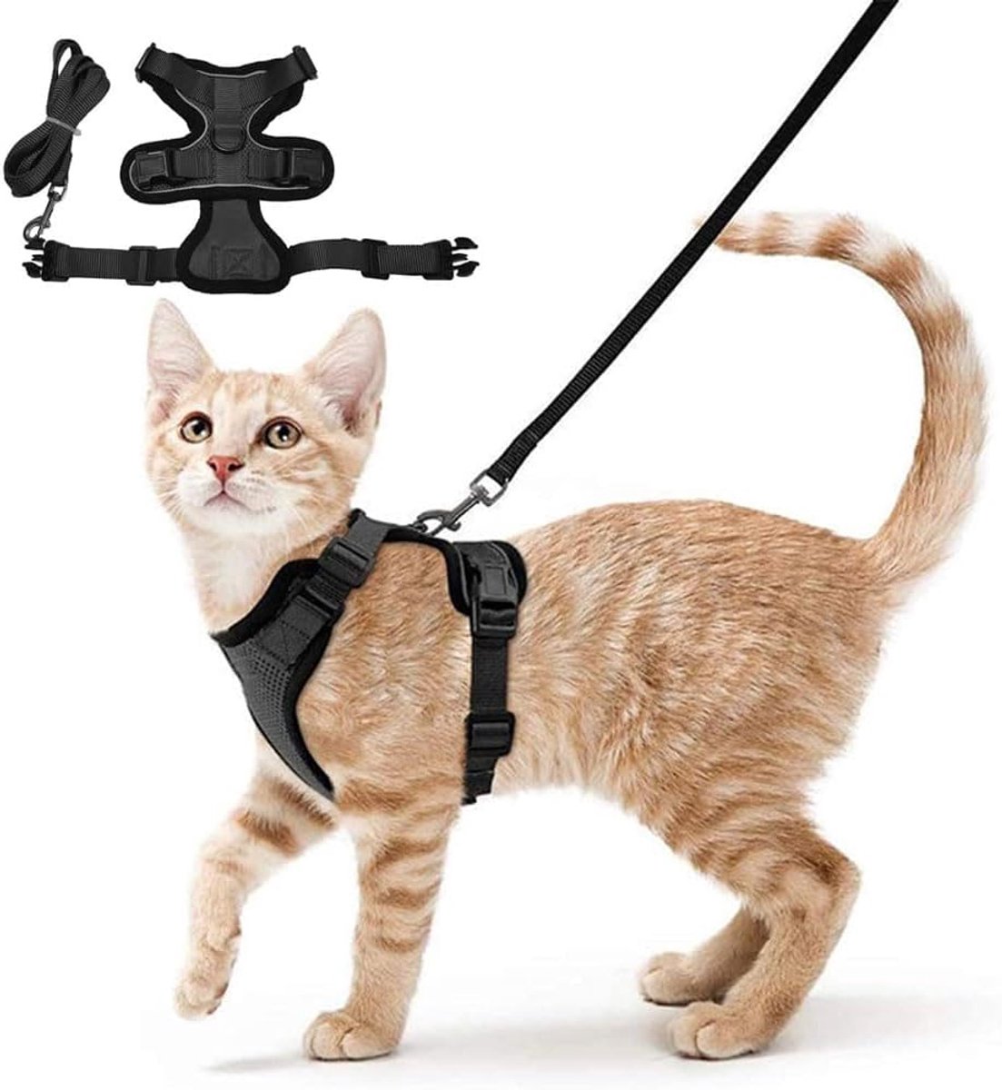 Kattenharnas met riem, ontsnappingsbestendig, verstelbaar borstharnas, kattenvest, loopharnas, huisdierharnas voor wandelen, reizen, training (zwart XS)