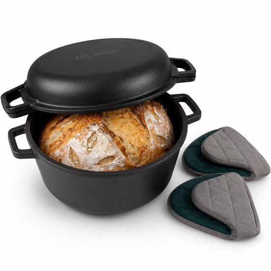 LUCAVITA® Braadpannen ⌀26cm 5L - Gietijzeren Braadpan met Deksel - PFAS Vrij - Broodpan - Broodbakbol - Broodbakpan - Dutch Oven - Inductie - Cast Iron - Incl Ovenhandschoenen