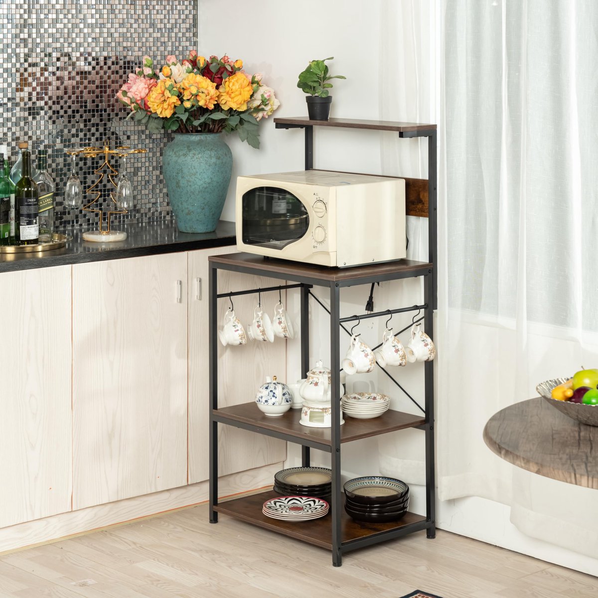 FurnitureR Keukenplank met powerstrip, 3-niveau opbergkast, microgolfovenhouder, dining room verticale plank met - ShopVlot