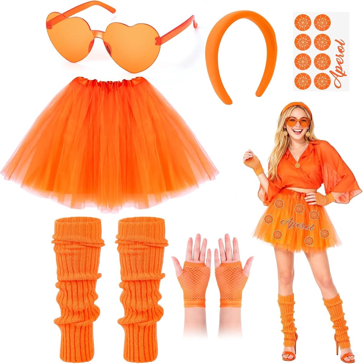 Vrouwelijk Carnaval Kostuum met Hoofdband, Oranje Tulle Rok en Zonnebril voor Feestjes en Festivals