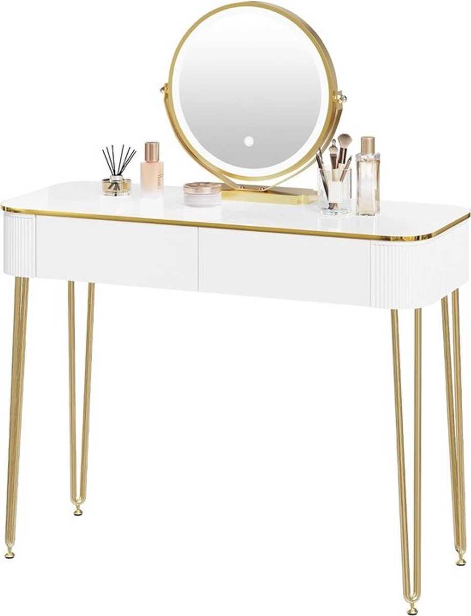 Verstelbare make-uptafel met LED-spiegel en 2 laden in wit en goud