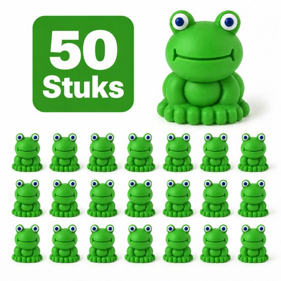 50 groene kikkertjes met blauwe ogen, zittend, 50 stuks.