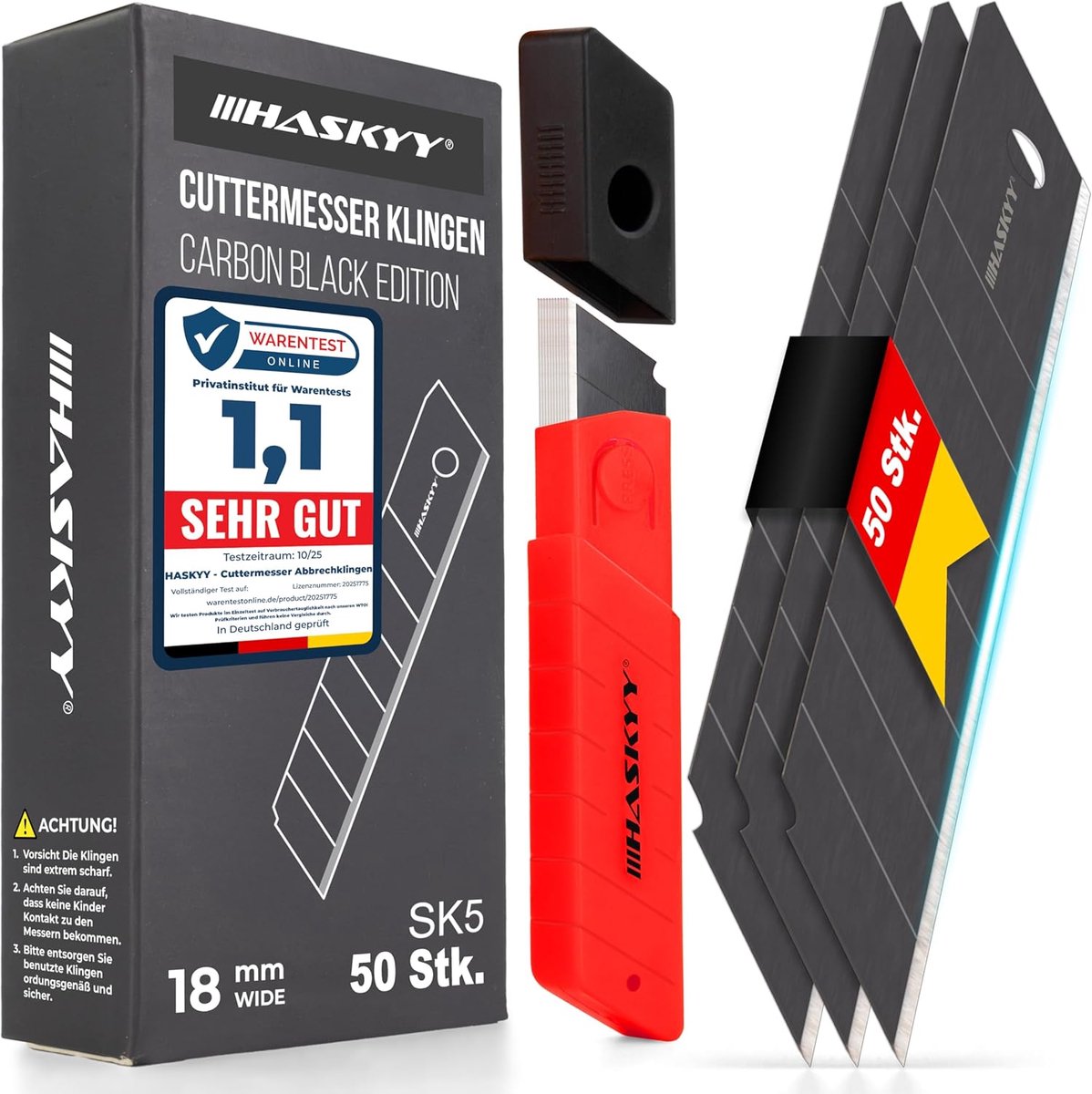 HASKYY Carpet Cutters, Replacement Blades, 50 x SK5 Knives, 18 mm, Carbon Steel, Carpet Cutters, Black, Extra Sharp - ShopVlot