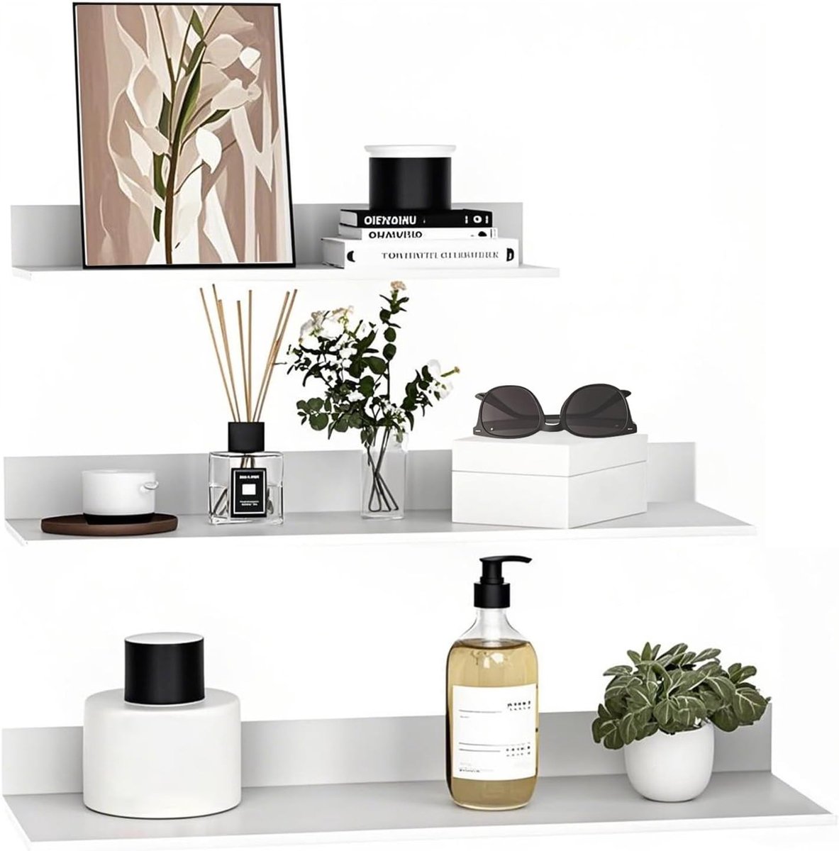 Set van 3 Wandplanken van Metaal in Wit, Drie Formaten voor Badkamer, Keuken en Woonkamer, Geen Boren Nodig