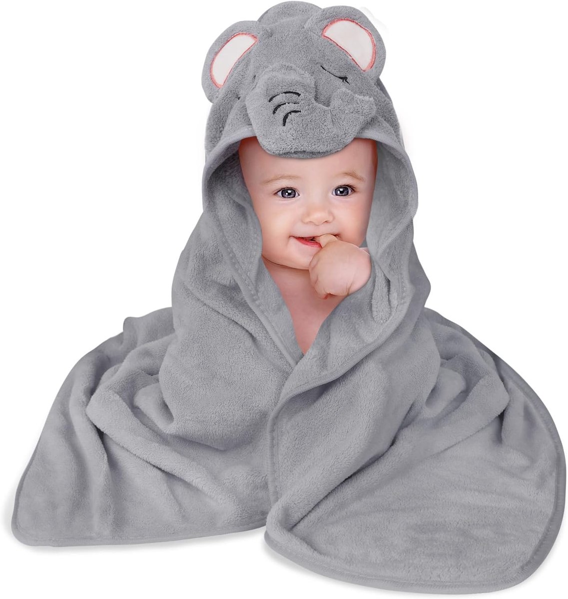 SnelShoppen - Baby Badhanddoek Set 80 x 80 cm met Kap, Zachte en Absorberende Koraal Fleece Badhanddoek voor Pasgeborenen en Baby's (Grijze Olifant)