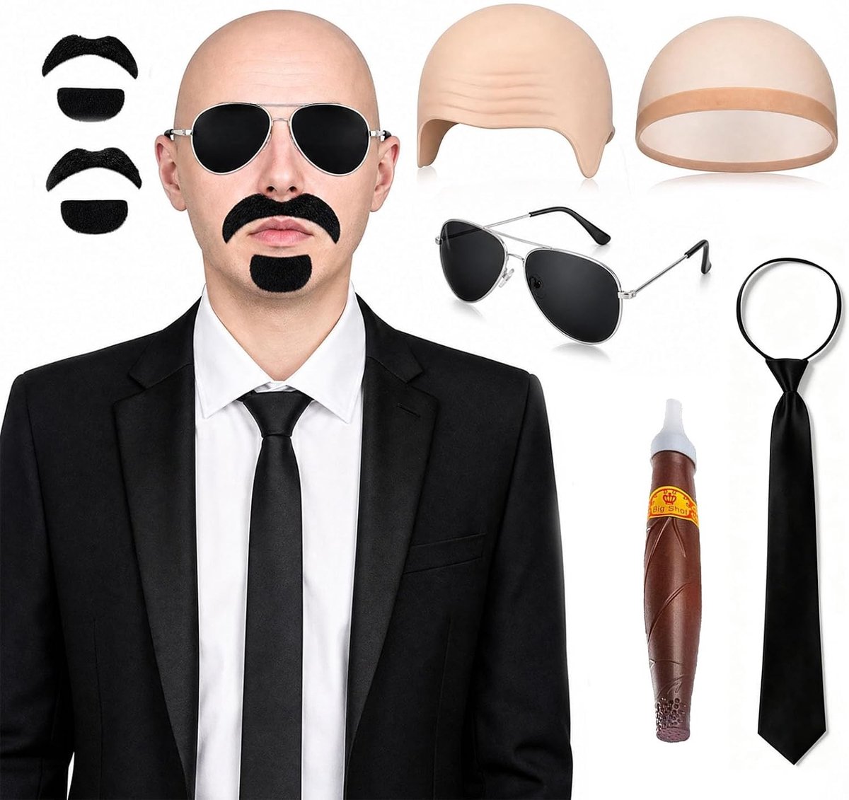 Bald Pitbull Kostuum Set voor Halloween, Carnaval en Cosplay - 7-delige Latex Slakkenkap met Bril, Baard en Haarnet