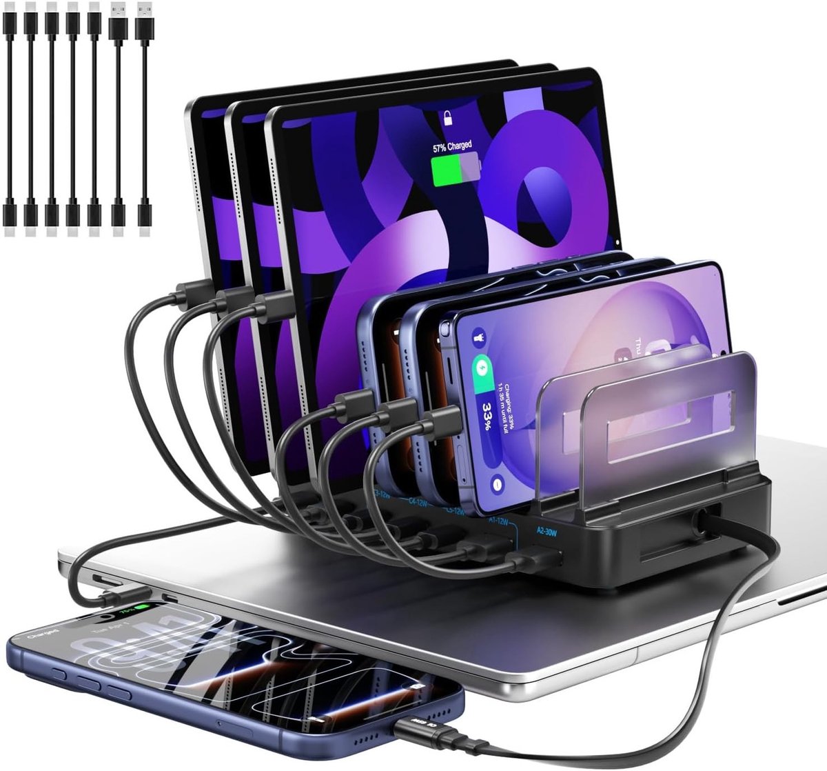 Multi-Device USB Oplaadstation met 8 Poorten, GaN PD 100W, Snelladen voor Smartphones, Tablets en Laptops met Verstelbare Scheidingswanden en 8 Kabels