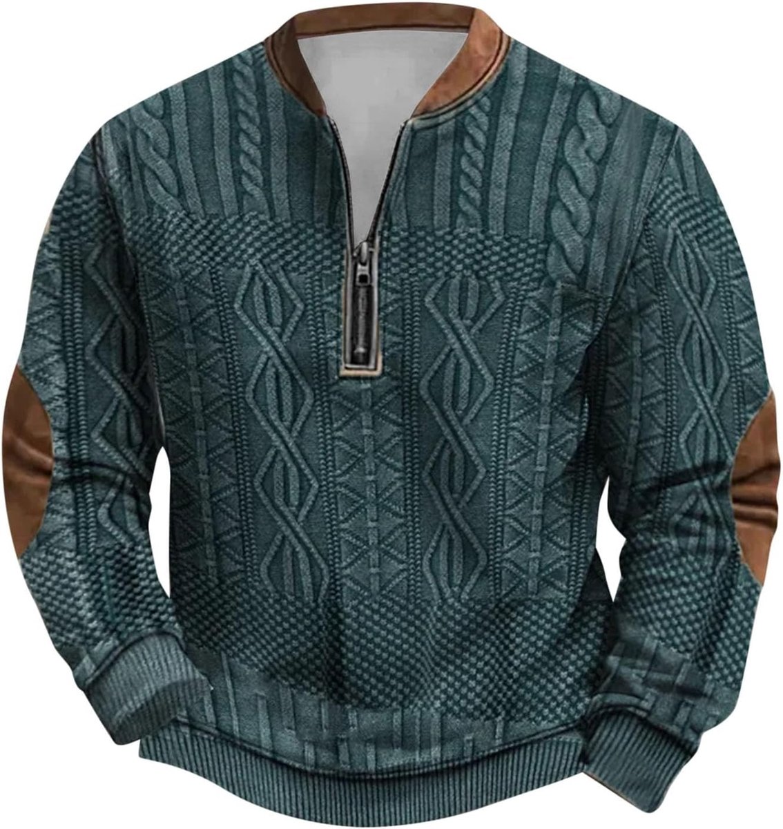 Dikke gebreide trui voor heren, sweatshirt met ritssluiting, lange mouwen, bedrukt, zonder kraag en zonder capuchon