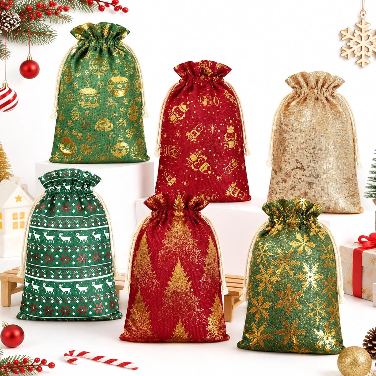 6 stuks kleine kerstzakjes, cadeauzakjes met trekkoord