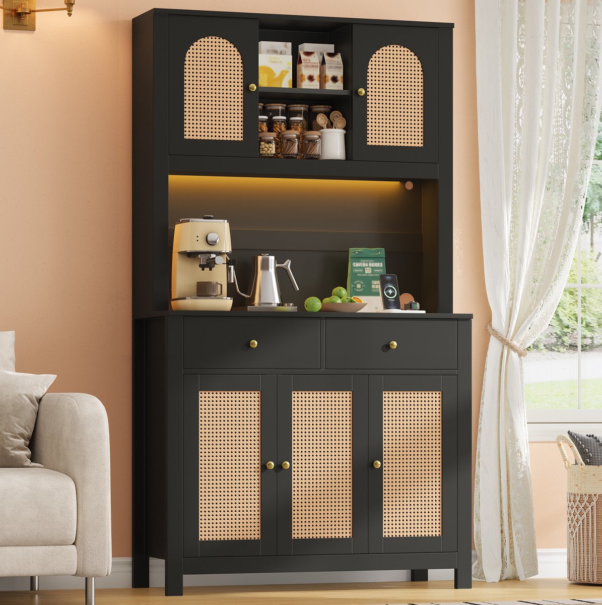 MODFU Keukenkast - LED-Verlichting En Stopcontact - Rattandeuren - MDF - Zwart